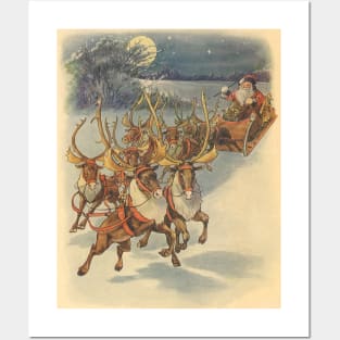 Victorian Christmas Santa Claus with Reindeer Posters and Art